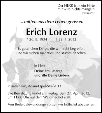 Traueranzeige von Erich Lorenz von Rüsselsheimer Echo, Groß-Gerauer-Echo, Ried Echo