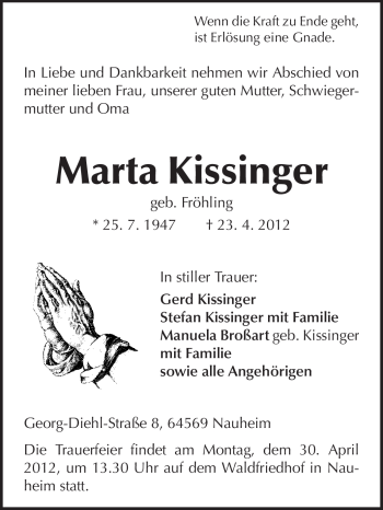 Traueranzeige von Marta Kissinger von Rüsselsheimer Echo, Groß-Gerauer-Echo, Ried Echo