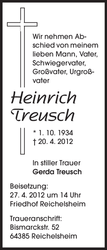 Traueranzeige von Heinrich Treusch von Odenwälder Echo