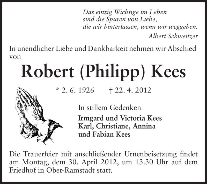  Traueranzeige für Robert Kees vom 26.04.2012 aus Echo-Zeitungen (Gesamtausgabe)