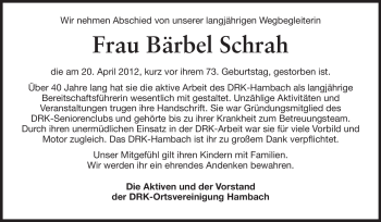 Traueranzeige von Bärbel Schrah von Starkenburger Echo