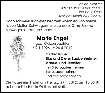 Traueranzeige von Marie Engel von Echo-Zeitungen (Gesamtausgabe)