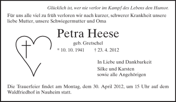 Traueranzeige von Petra Heese von Rüsselsheimer Echo, Groß-Gerauer-Echo, Ried Echo