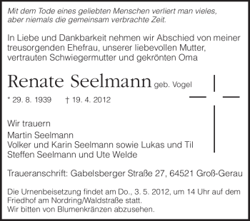 Traueranzeige von Renate Seelmann von Rüsselsheimer Echo, Groß-Gerauer-Echo, Ried Echo