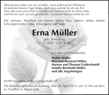 Traueranzeige von Erna Müller von Rüsselsheimer Echo, Groß-Gerauer-Echo, Ried Echo