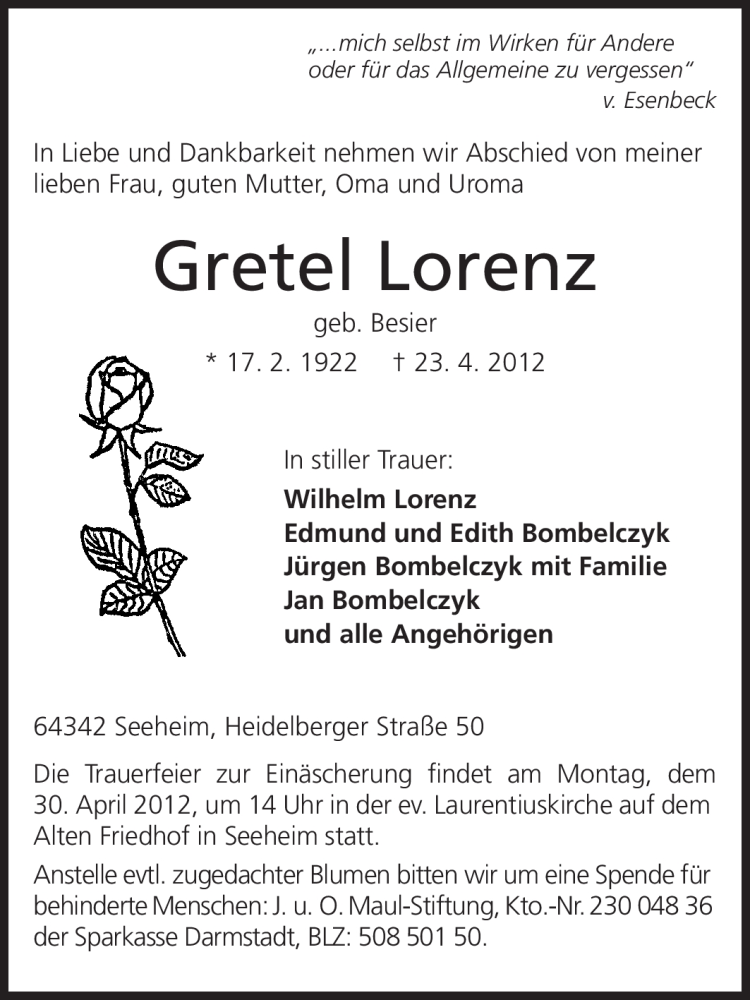 Traueranzeige für Gretel Lorenz vom 27.04.2012 aus Echo-Zeitungen (Gesamtausgabe)