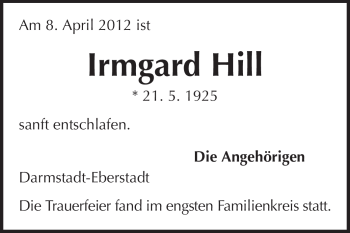 Traueranzeige von Irmgard Hill von Echo-Zeitungen (Gesamtausgabe)