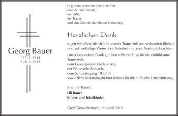 Traueranzeige von Georg Bauer von Rüsselsheimer Echo, Groß-Gerauer-Echo, Ried Echo