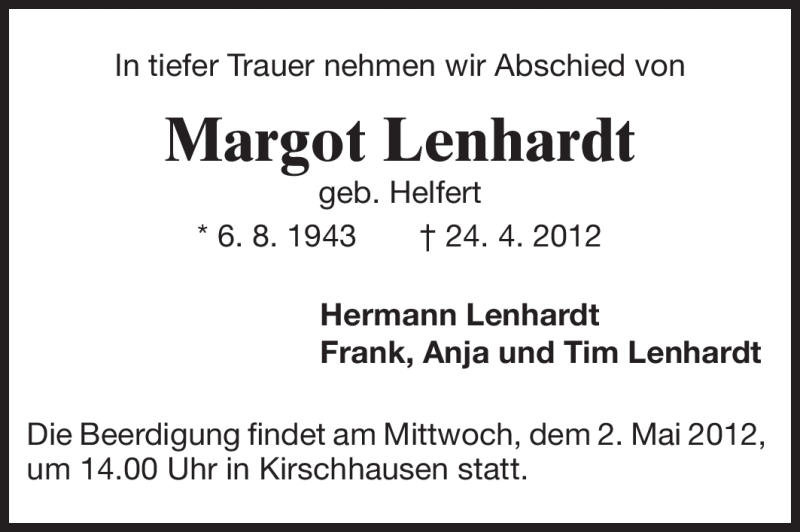 Traueranzeige für Margot Lenhardt vom 27.04.2012 aus Starkenburger Echo