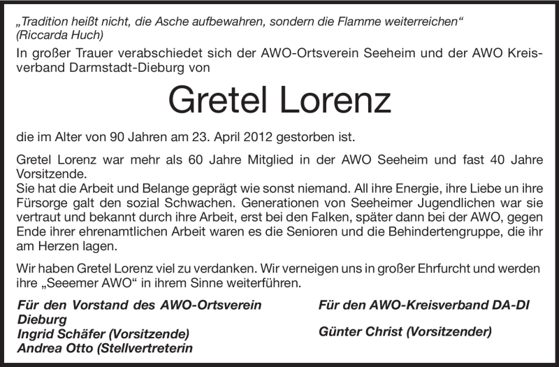  Traueranzeige für Gretel Lorenz vom 27.04.2012 aus Echo-Zeitungen (Gesamtausgabe)