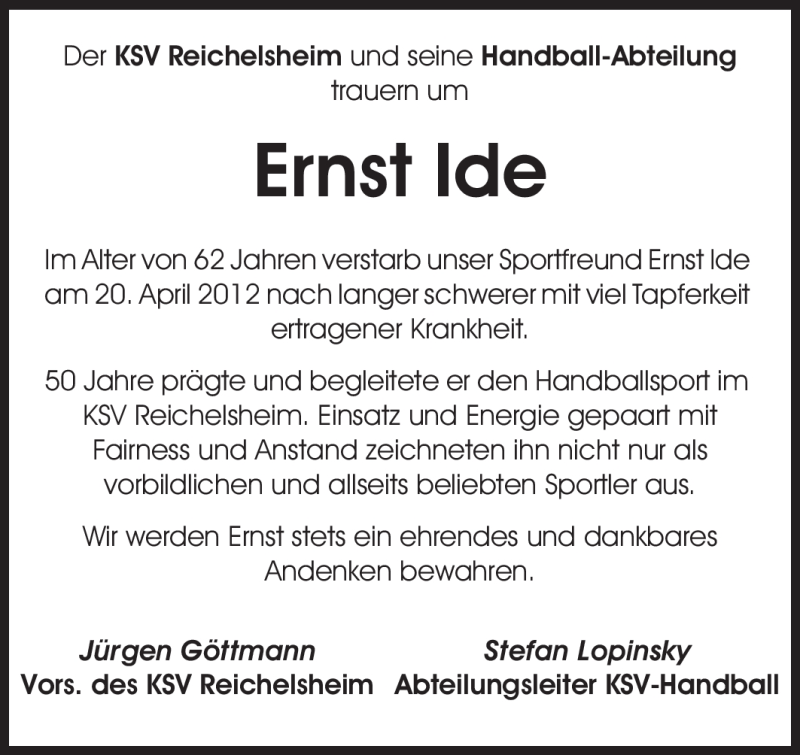  Traueranzeige für Ernst Ide vom 28.04.2012 aus Odenwälder Echo