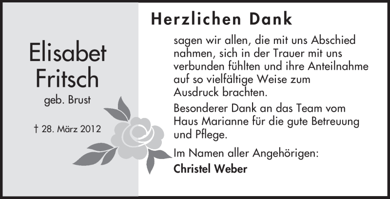  Traueranzeige für Elisabet Fritsch vom 28.04.2012 aus Echo-Zeitungen (Gesamtausgabe)