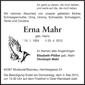 Traueranzeige von Erna Mahr von Echo-Zeitungen (Gesamtausgabe)