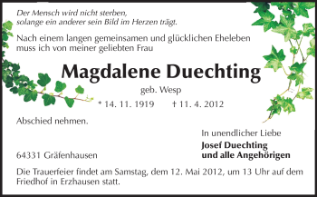 Traueranzeige von Magdalene Duechting von Echo-Zeitungen (Gesamtausgabe)
