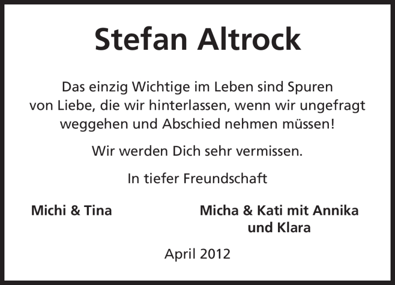  Traueranzeige für Stefan Altrock vom 28.04.2012 aus Echo-Zeitungen (Gesamtausgabe)