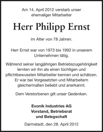 Traueranzeige von Philipp Ernst von Darmstädter Echo, Odenwälder Echo, Rüsselsheimer Echo, Groß-Gerauer-Echo, Ried Echo