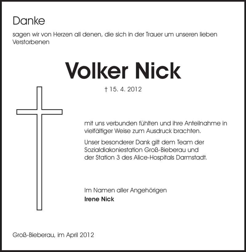  Traueranzeige für Volker Nick vom 28.04.2012 aus Echo-Zeitungen (Gesamtausgabe)