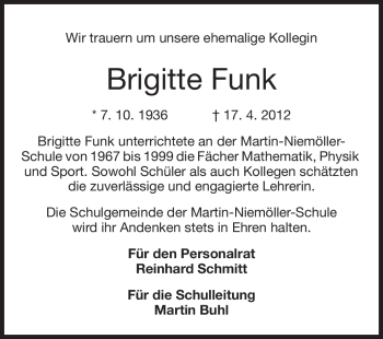 Traueranzeige von Brigitte Funk von Rüsselsheimer Echo, Groß-Gerauer-Echo, Ried Echo