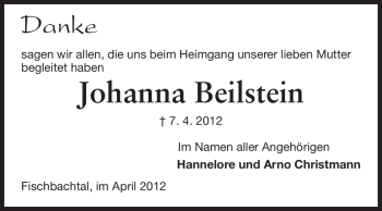 Traueranzeige von Johanna Beilstein von Echo-Zeitungen (Gesamtausgabe)