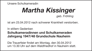 Traueranzeige von Martha Kissinger von Rüsselsheimer Echo, Groß-Gerauer-Echo, Ried Echo