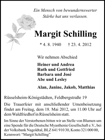 Traueranzeige von Margit Schilling von Rüsselsheimer Echo, Groß-Gerauer-Echo, Ried Echo