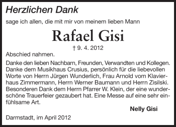 Traueranzeige von Rafael Gisi von Darmstädter Echo, Odenwälder Echo, Rüsselsheimer Echo, Groß-Gerauer-Echo, Ried Echo