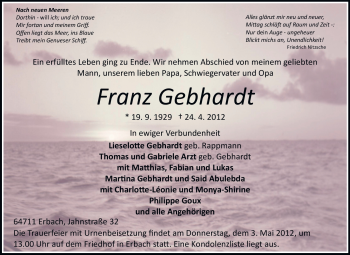 Traueranzeige von Franz Gebhardt von Odenwälder Echo