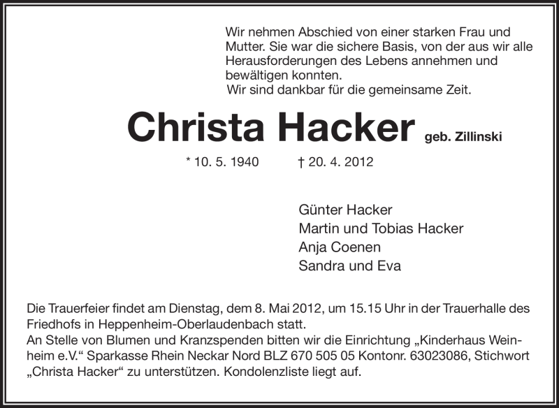  Traueranzeige für Christa Hacker vom 28.04.2012 aus Starkenburger Echo