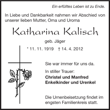 Traueranzeige von Katharina Kalisch von Odenwälder Echo