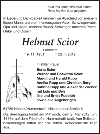 Traueranzeige von Helmut Scior von Odenwälder Echo