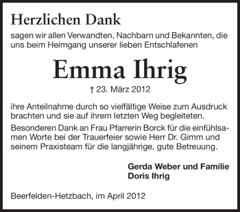 Traueranzeige von Emma Ihrig von Odenwälder Echo