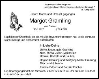 Traueranzeige von Margot Gramling von Darmstädter Echo, Odenwälder Echo, Rüsselsheimer Echo, Groß-Gerauer-Echo, Ried Echo