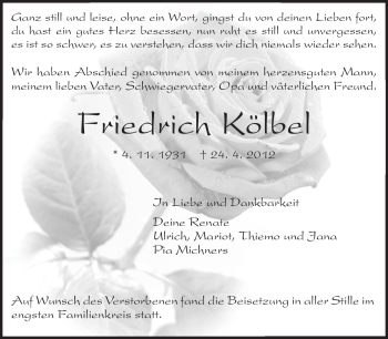 Traueranzeige von Friedrich Kölbel von Darmstädter Echo, Odenwälder Echo, Rüsselsheimer Echo, Groß-Gerauer-Echo, Ried Echo