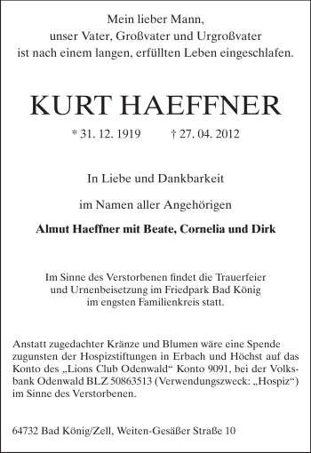 Traueranzeige von Kurt Haeffner von Odenwälder Echo