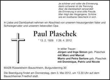 Traueranzeige von Paul Plaschek von Rüsselsheimer Echo, Groß-Gerauer-Echo, Ried Echo