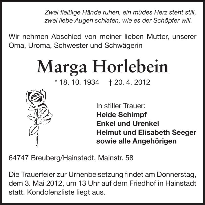  Traueranzeige für Marga Horlebein vom 30.04.2012 aus Odenwälder Echo