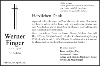 Traueranzeige von Werner Finger von Rüsselsheimer Echo, Groß-Gerauer-Echo, Ried Echo