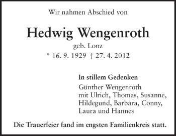Traueranzeige von Hedwig Wengenroth von Echo-Zeitungen (Gesamtausgabe)