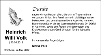 Traueranzeige von Heinrich Willi Volk von Darmstädter Echo, Odenwälder Echo, Rüsselsheimer Echo, Groß-Gerauer-Echo, Ried Echo