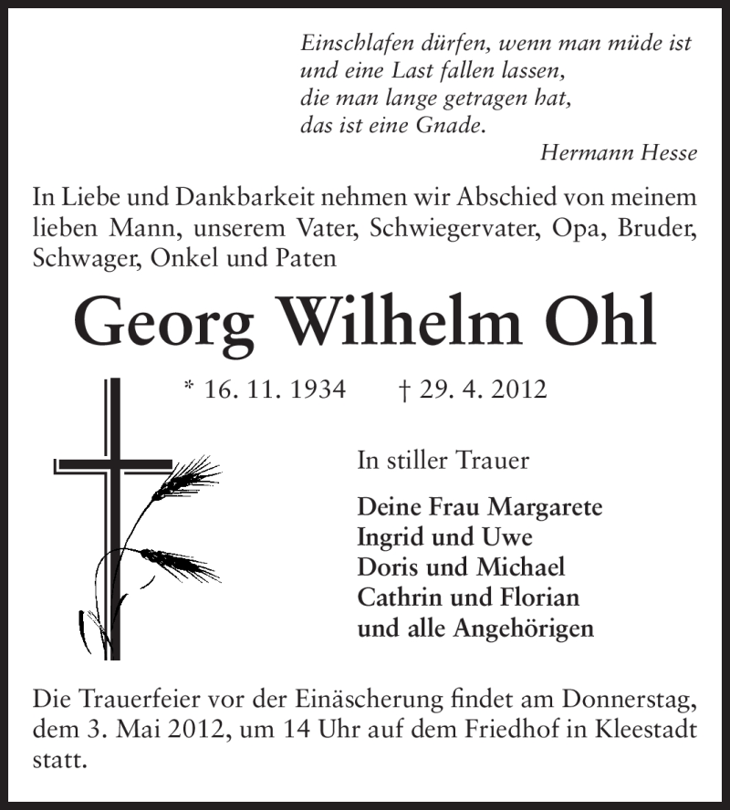  Traueranzeige für Georg Wilhelm Ohl vom 02.05.2012 aus Echo-Zeitungen (Gesamtausgabe)