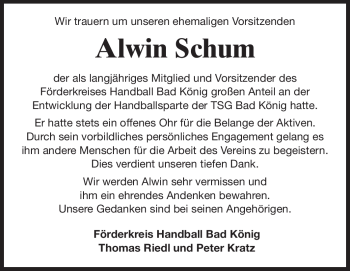 Traueranzeige von Alwin Schum von Odenwälder Echo