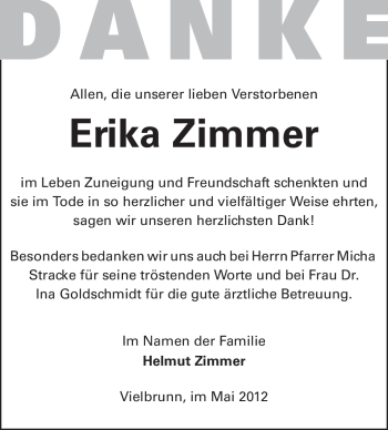 Traueranzeige von Erika Zimmer von Odenwälder Echo