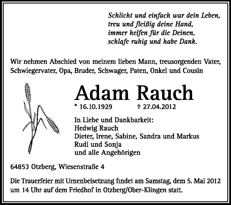  Traueranzeige für Adam Rauch vom 02.05.2012 aus Echo-Zeitungen (Gesamtausgabe)