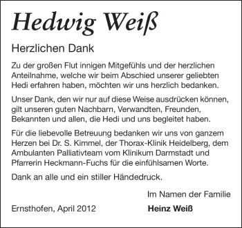 Traueranzeige von Hedwig Weiß von Echo-Zeitungen (Gesamtausgabe)
