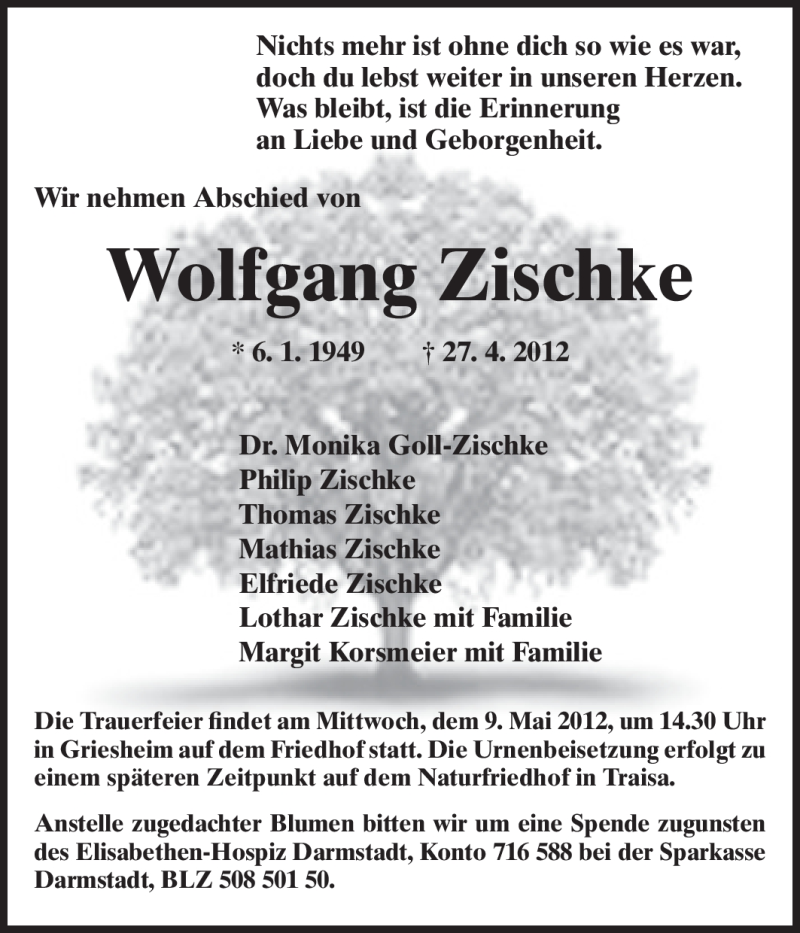  Traueranzeige für Wolfgang Zischke vom 02.05.2012 aus Echo-Zeitungen (Gesamtausgabe)