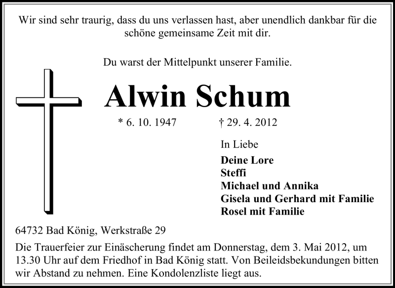  Traueranzeige für Alwin Schum vom 02.05.2012 aus Odenwälder Echo