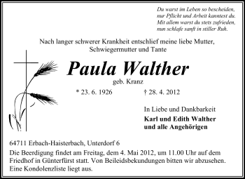 Traueranzeige von Paula Walther von Odenwälder Echo