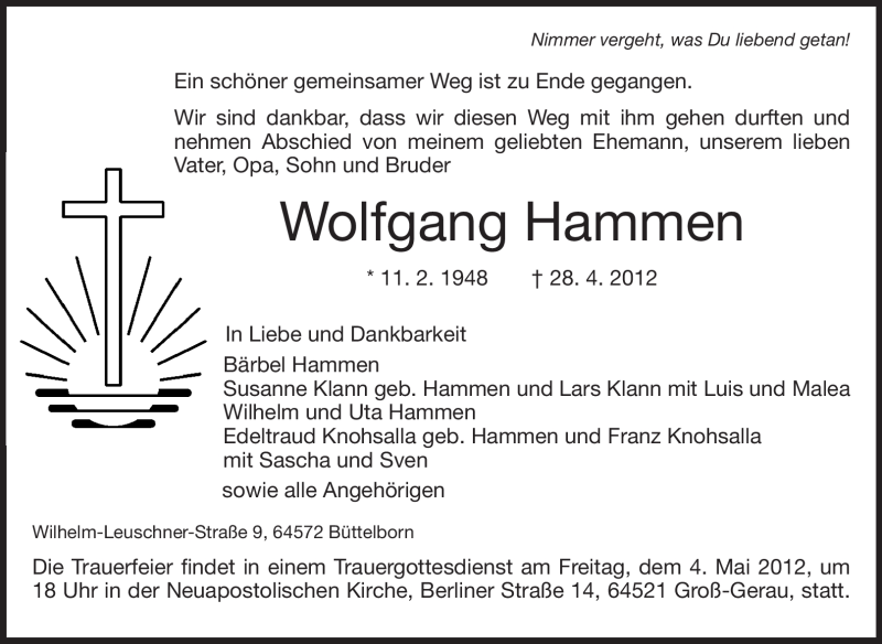  Traueranzeige für Wolfgang Hammen vom 02.05.2012 aus Rüsselsheimer Echo, Groß-Gerauer-Echo, Ried Echo