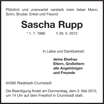 Traueranzeige von Sascha Rupp von Rüsselsheimer Echo, Groß-Gerauer-Echo, Ried Echo