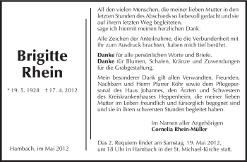 Traueranzeige von Brigitte Rhein von Starkenburger Echo